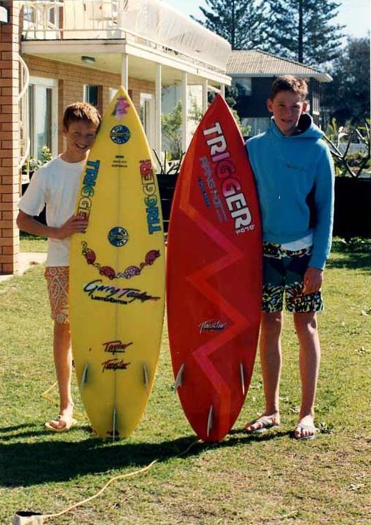 Simon and Matt Matt and Simon Trigger pose with Trigger Bros Surfboards while on holidays on the Gold Coast, OLD 1987