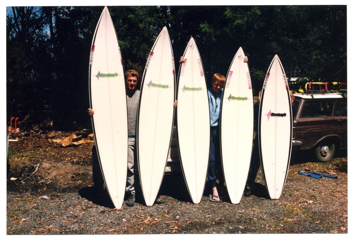 Garry Taylor with quiver of surfboards, Point Leo, Vic Garry Taylor's 80's Pro Tour quiver