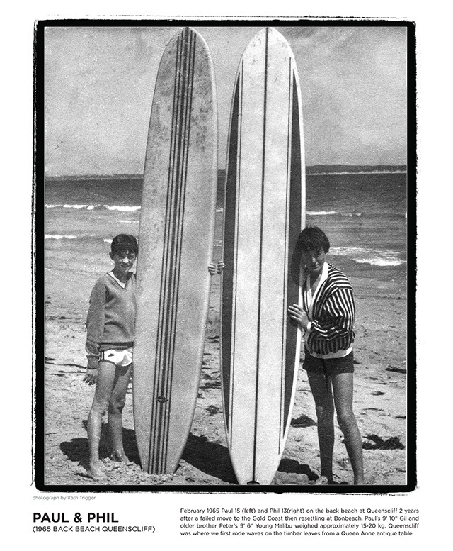 Paul and Phil, February 1965 at Queenscliff with a Gill and Young malibu boards